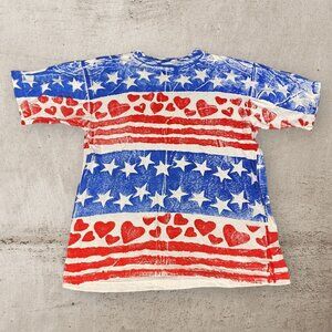 Vintage 80s AOP USA Flag T Shirt L Large Single Stitch Made USA Stars Hearts‎